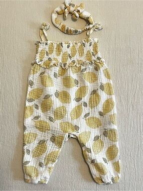 Emily and Oliver Lemon Print Smocked Muslin Cotton Romper Matching Headband